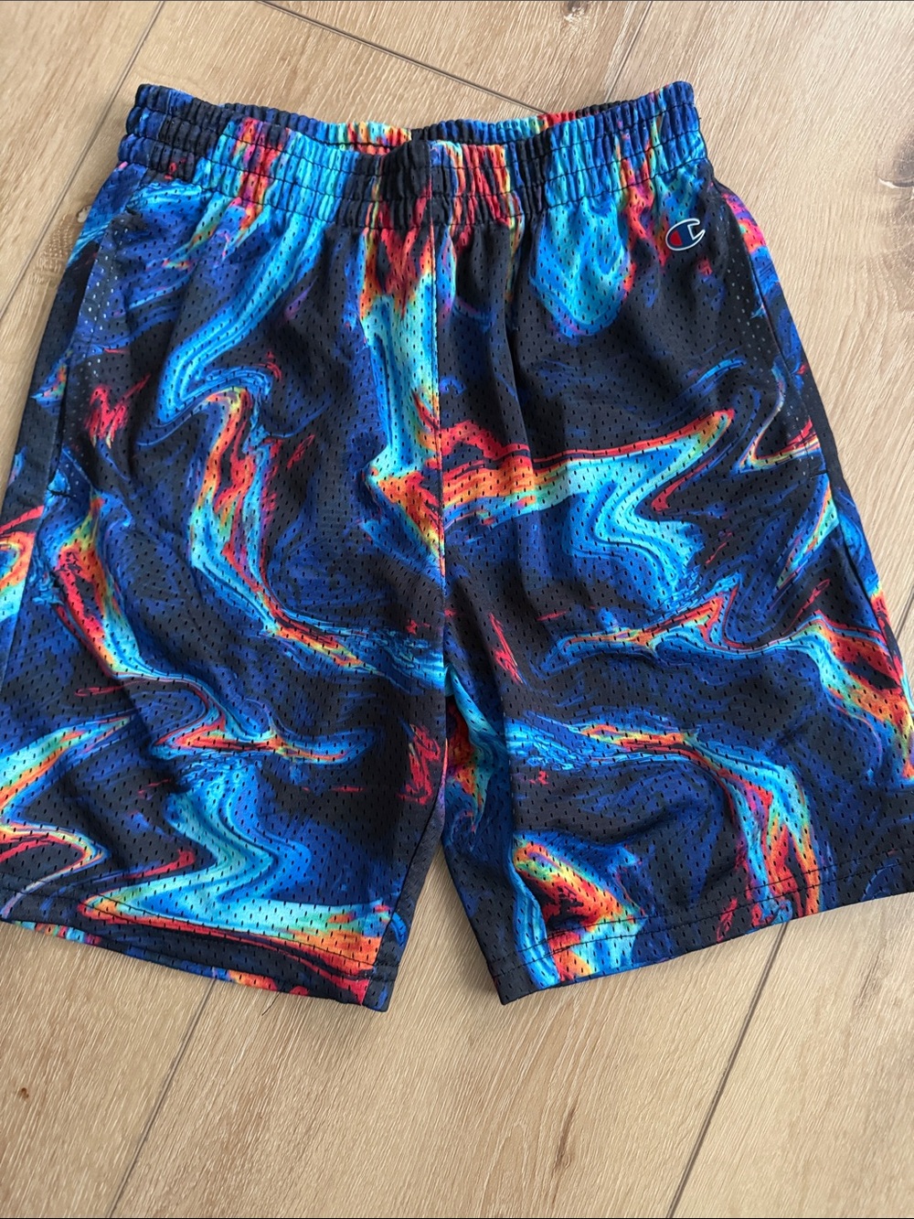 Champion Men's Black Athletic Mesh Shorts with Blue, Red, Orange Swirl